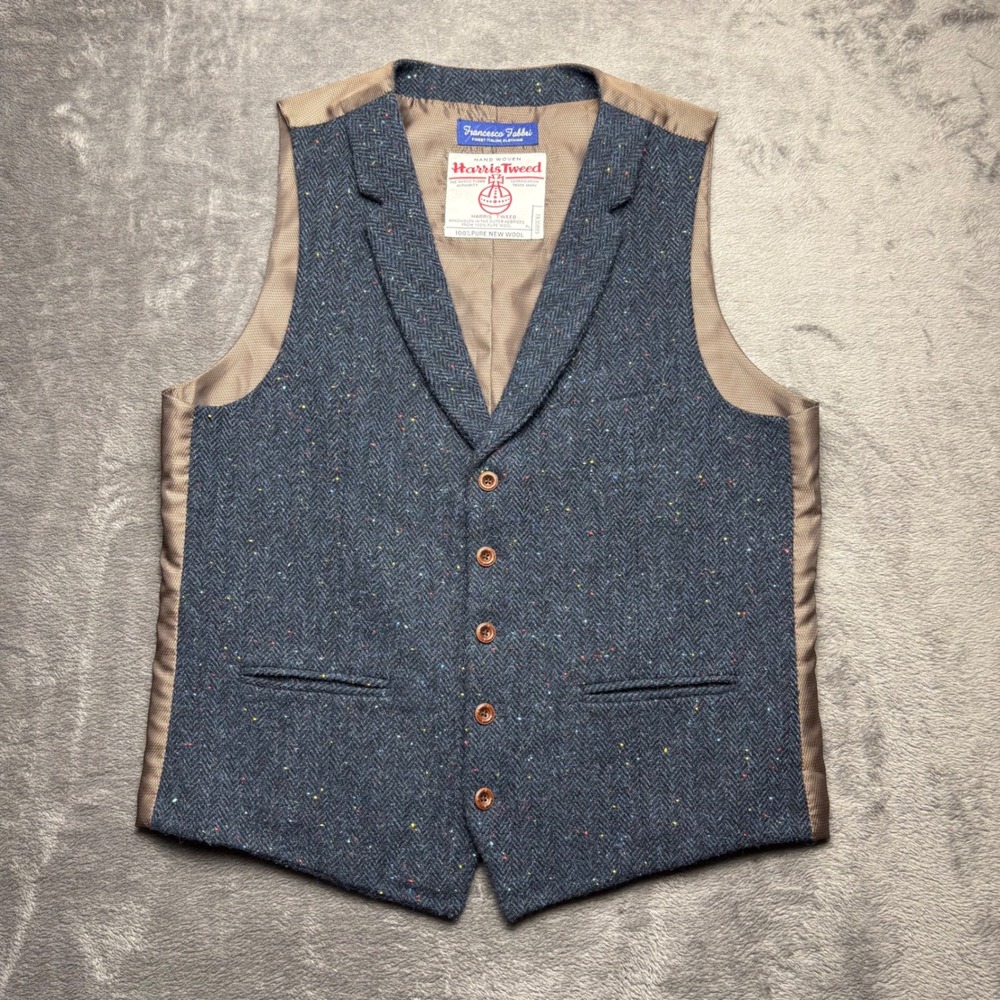 Harris Tweed Vest Mens 48 Blue Herringbone Wool Waistcoat Francesco Fabbri